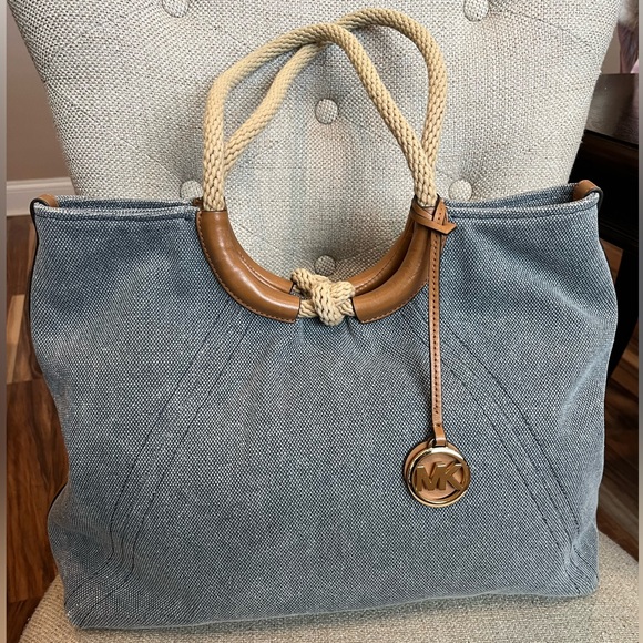 Michael Kors Blue Canvas Woven Ring Handle Isla Tote EUC - Picture 12 of 12